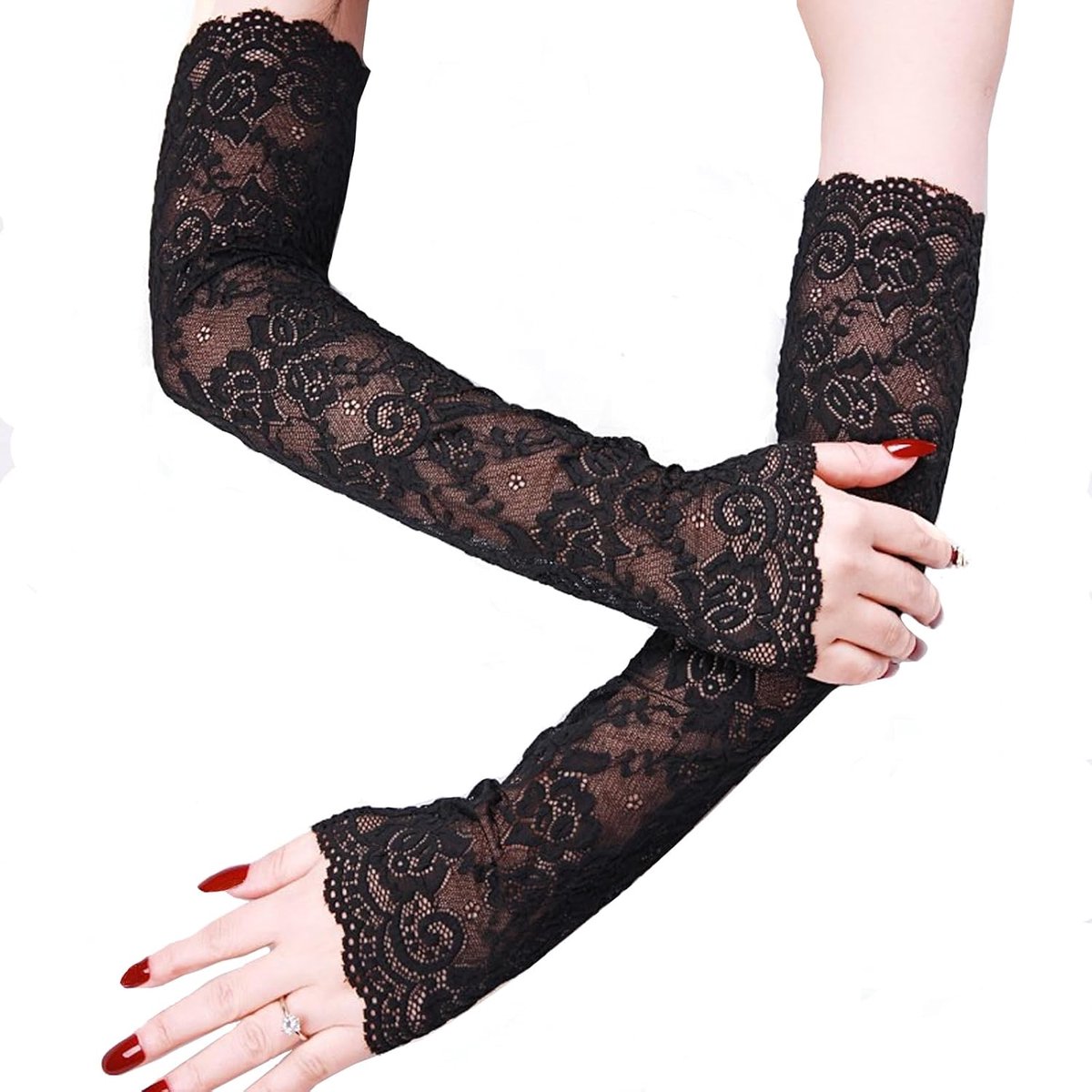 Handschoenen voor vrouwen, 45 cm ellebooglengte vingerloze kanten mouwen voor zonwering, bruiloft, feest en speciale gelegenheden