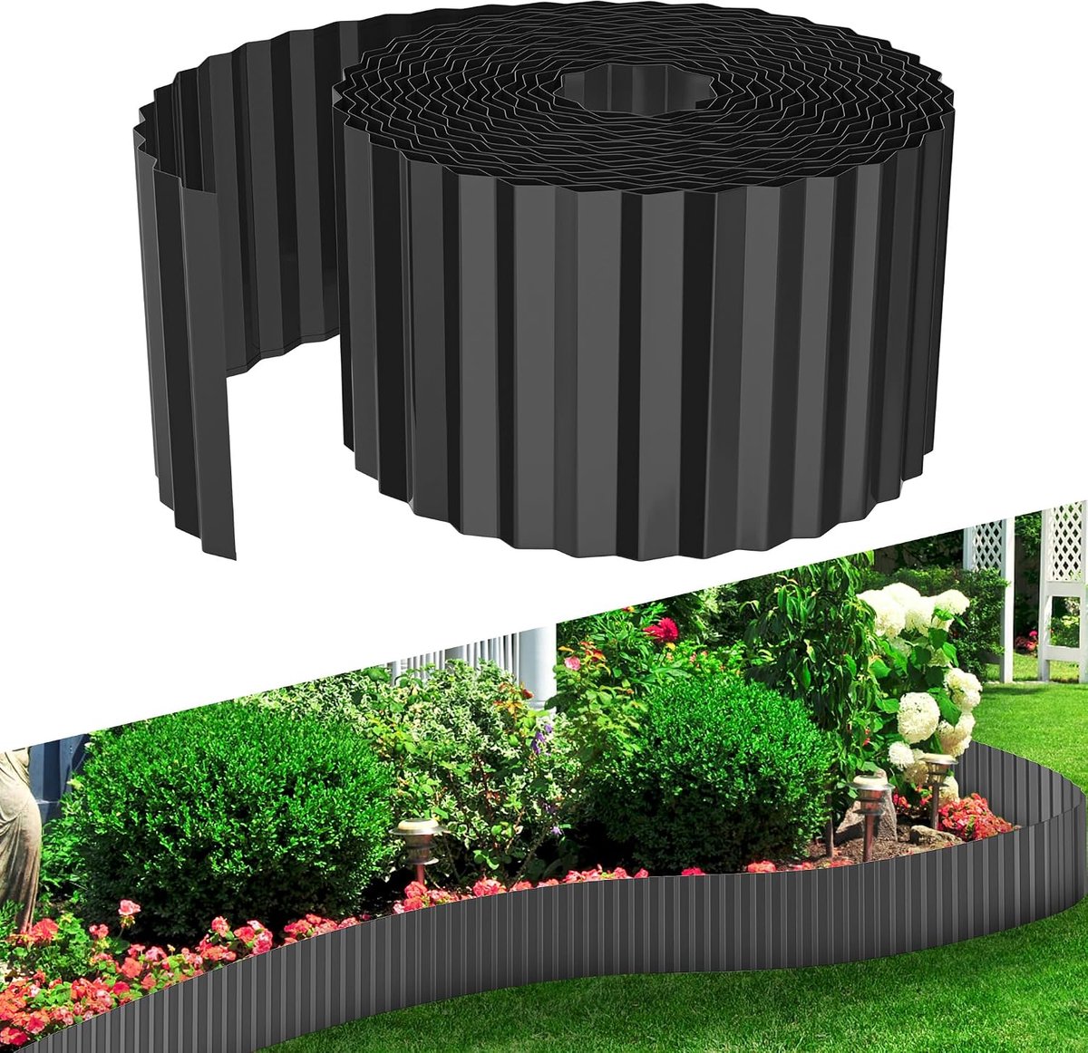 Gazonrand, metaal, 10 m, hoogte 18 cm, verzinkte bloembedrand, flexibele bloembedrand, maairand, wortelblokkering, gazonbegrenzing, tuinpalissade voor tuin en paden, zwart