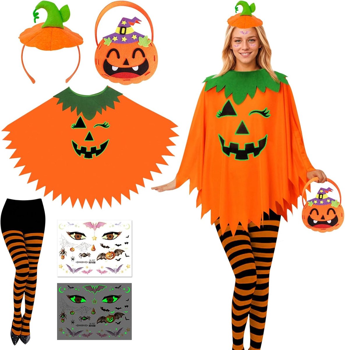 Pompoenkostuum voor dames, Halloweenkostuum, pompoencape met hoofdband, 5 stuks, pompoenkostuum, volwassenen, Halloween, kostuum, pompoen voor Halloween, cosplay feest