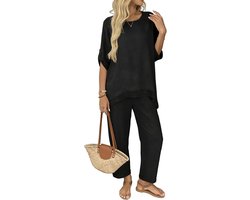 Fakanhui Linnen 2-delige damesoutfits 3/4 mouwen pullover top wijde pijpen broek zomer casual vakantie losse pak sets