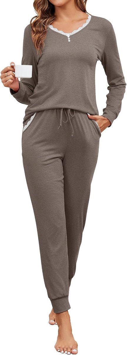 Pyjama voor dames, lang, katoen, tweedelige nachtkleding met kant, V-hals, nachtkleding en pyjamabroek met zakken