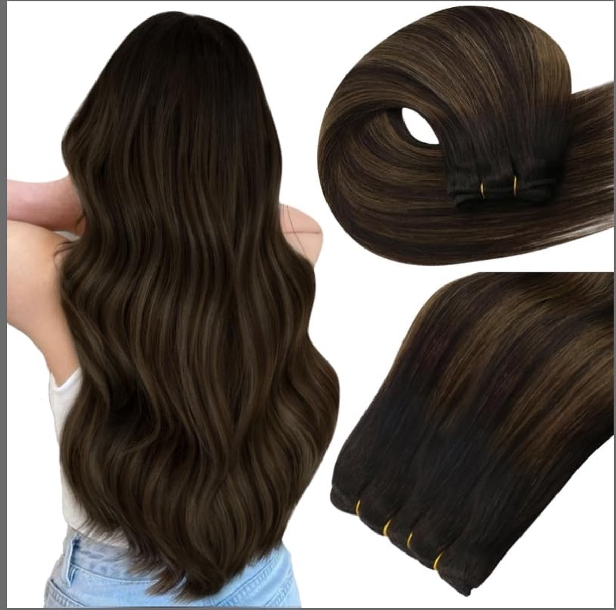 Haarextensies van echt haar, strengen voor invlechten, ombre bruin, echt haar extensies, donkerst bruin, balayage, asbruin, haarextensies, in te naaien weft, dubbele strengen, 30 cm, 70 g, #2