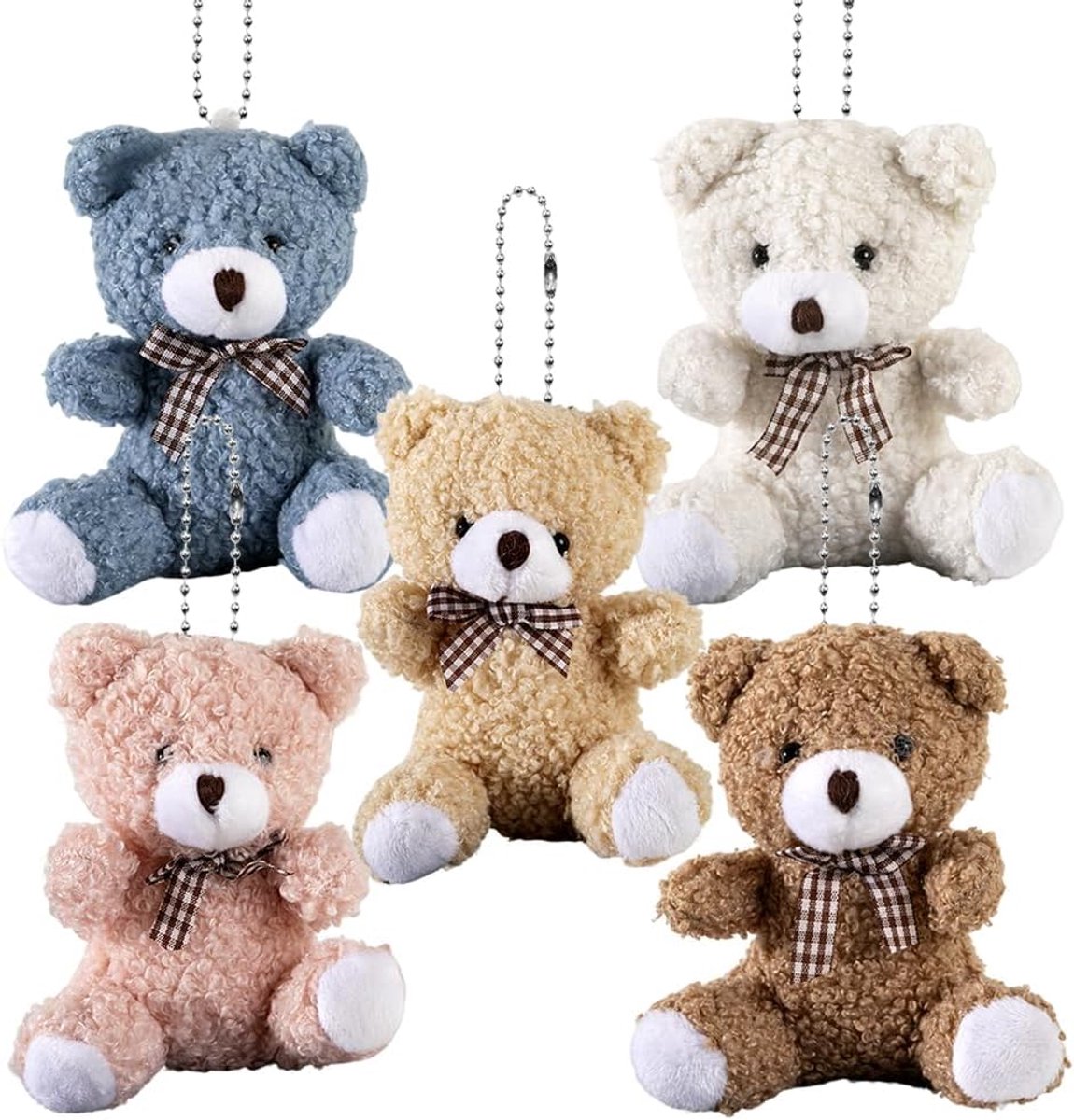 Set van 5 pluche sleutelhangers met bruine beer, schattige knuffel-sleutelhanger, ideaal als tas- of rugzakhanger, auto-accessoire of feestbedankje