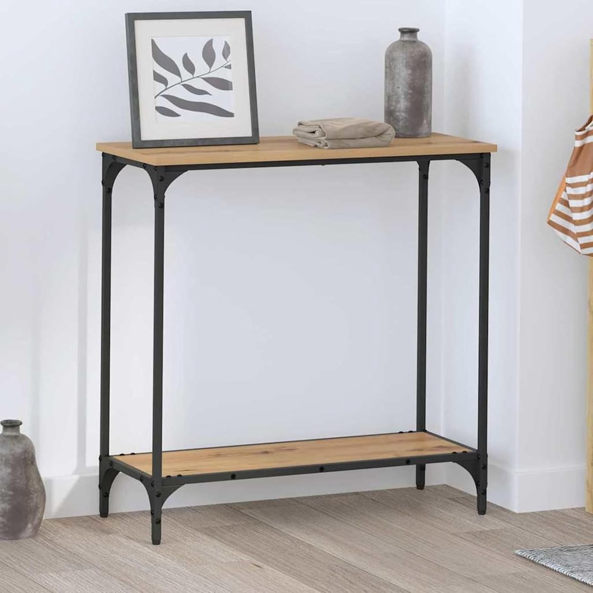 Foyer883520 Consoletafel met plank eiken ambachtelijk 75 x 30,5 x 75 cm, consoletafel sofatafel, smalle haltafel voor woonkamer entree