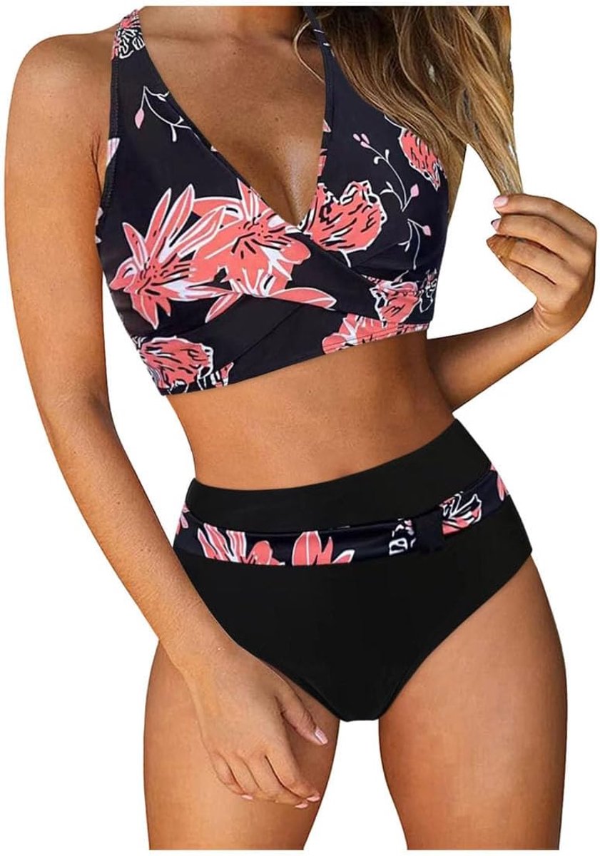 Tweedelige bikini, V-hals, hoge taille, bloemenprint