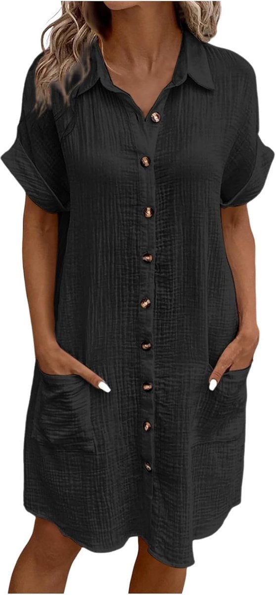 Sommerkleid Damen Leinen Kurzarm V-Ausschnitt Musselin Kleid Knielang Strandkleid Leicht Luftig Sommer Leinenkleid Freizeitkleid Knopfleiste Casual Tunika Kleider Shirtkleider mit Taschen Große größen