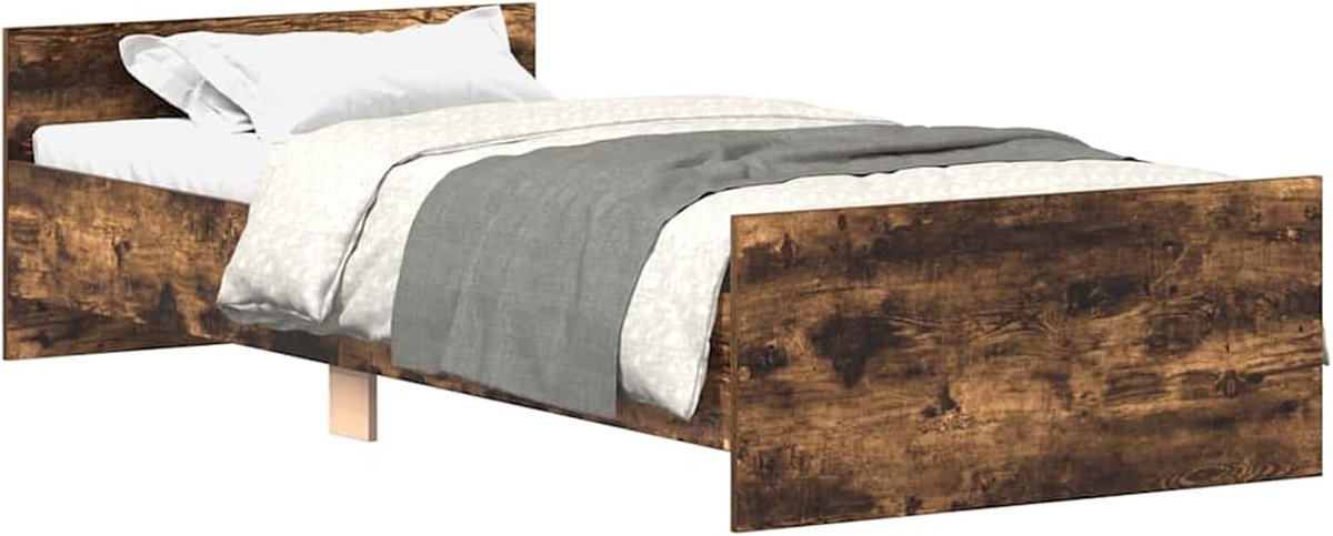Bed van massief grenenhout en hoogwaardige vezelplaat, 75 x 190 cm, met geïntegreerde lattenbodem van multiplex, rookeiken, ideaal voor kleine en slaapkamers