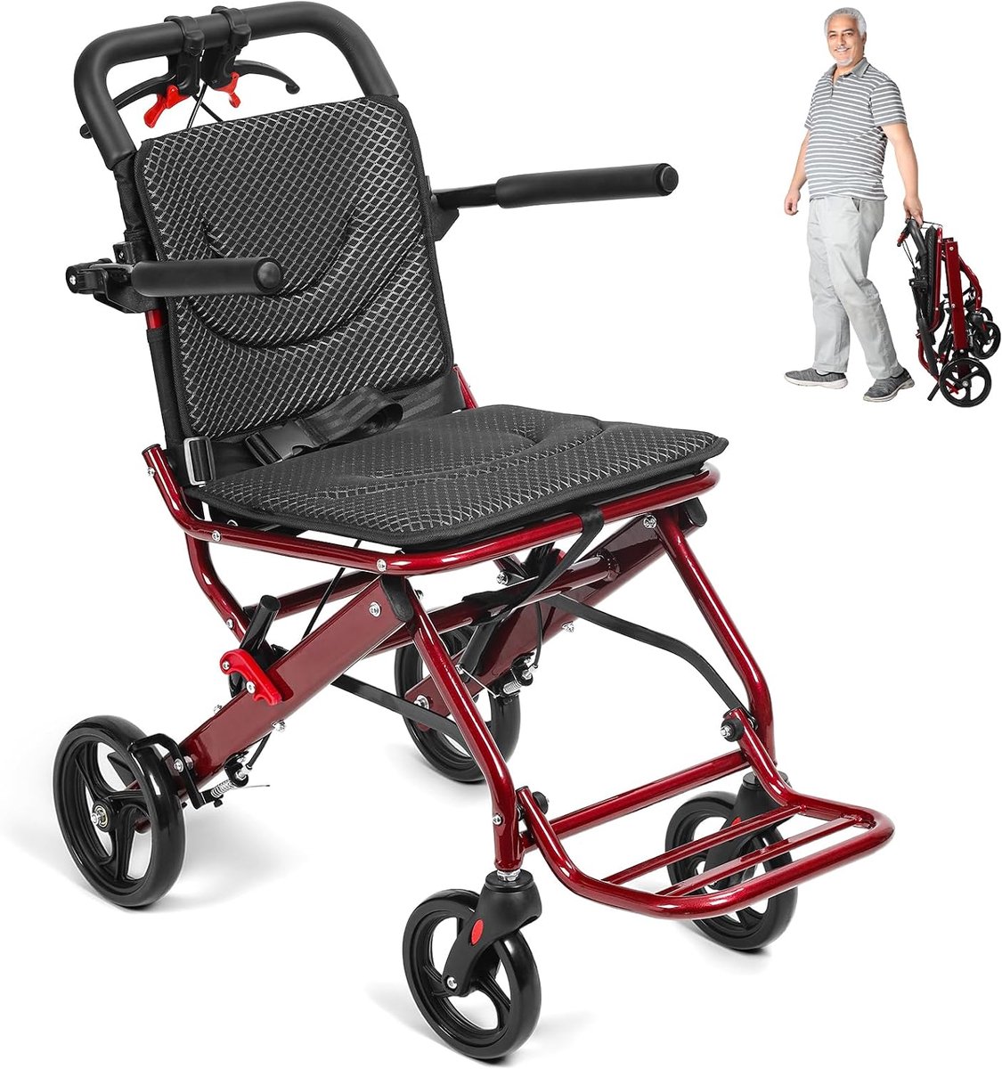 Opvouwbare rolstoel, 8,4 kg draagbare transportstoel met handrem, aluminium transit reisrolstoel met veiligheidsgordel, compacte opvouwbare rolstoel, 8 inch PU-wielen (rood)