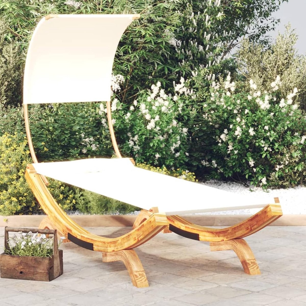 Babybed met dak, crème, outdoorbed, tuinligstoel, ontspanning, zonnebed met dak, zonnebed met dak, 100 x 200 x 126 cm, gebogen hout