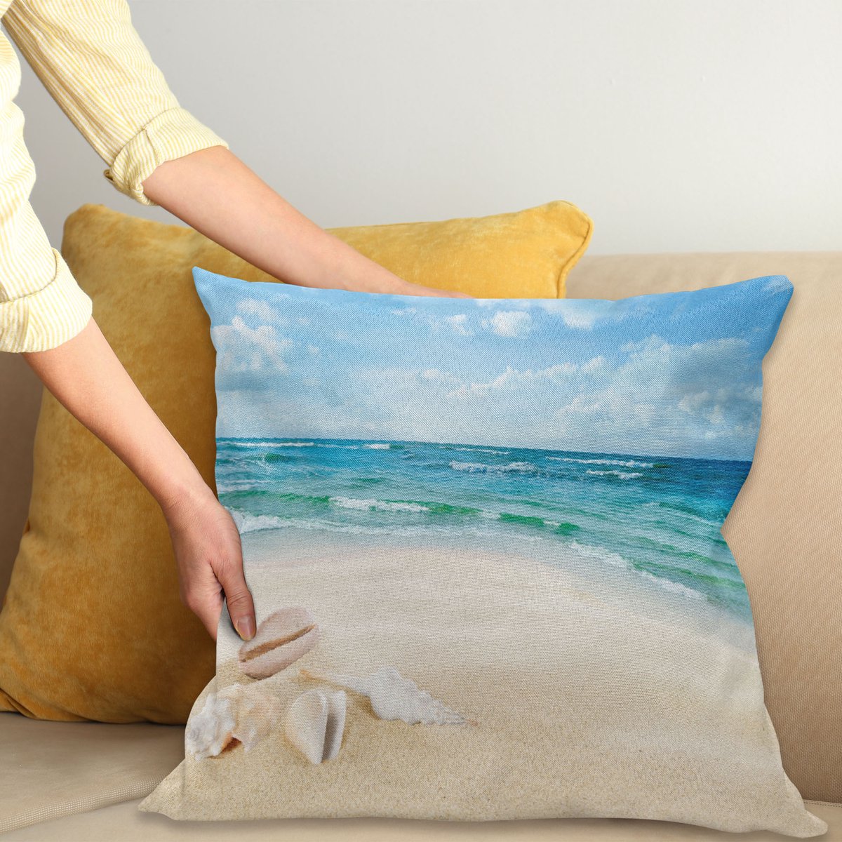 ABAKUHAUS Oceaan Sierkussenhoes, Strand Zand Golven Sealife Maritiem Ontwerp met Shells Warm Zomer Zon Holiday Print, Decoratieve Vierkante Sierkussenhoes, 60 x 60 cm, Crème Teal