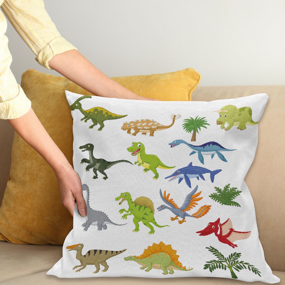 ABAKUHAUS Dinosaur Sierkussenhoes, Cartoon Dinosaur Images met Other Elementen from Jurassic Fauna Creatures, Decoratieve Vierkante Sierkussenhoes, 40 x 40 cm, Groen Wit