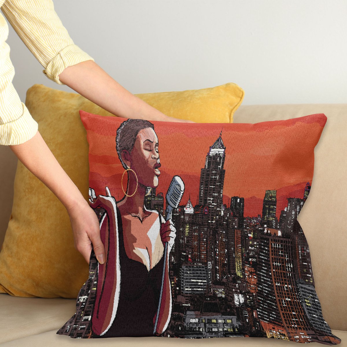 ABAKUHAUS African Sierkussenhoes, Jazz Singer op Nieuw York Roof Cityscape Urban Muziek Popular Town Illustratie, Decoratieve Vierkante Sierkussenhoes, 40 x 40 cm, Scarlet Grijs