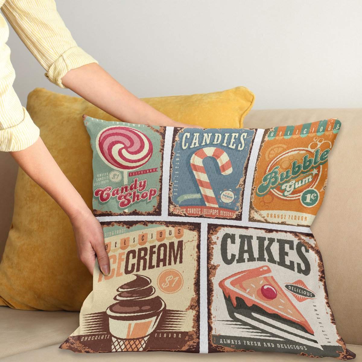 ABAKUHAUS Vintage Sierkussenhoes, Nostalgisch 50s Candy Store Ontwerp en Ice Crème en Cake en Bubble Gum Afbeelding, Decoratieve Vierkante Sierkussenhoes, 40 x 40 cm, Licht Geel