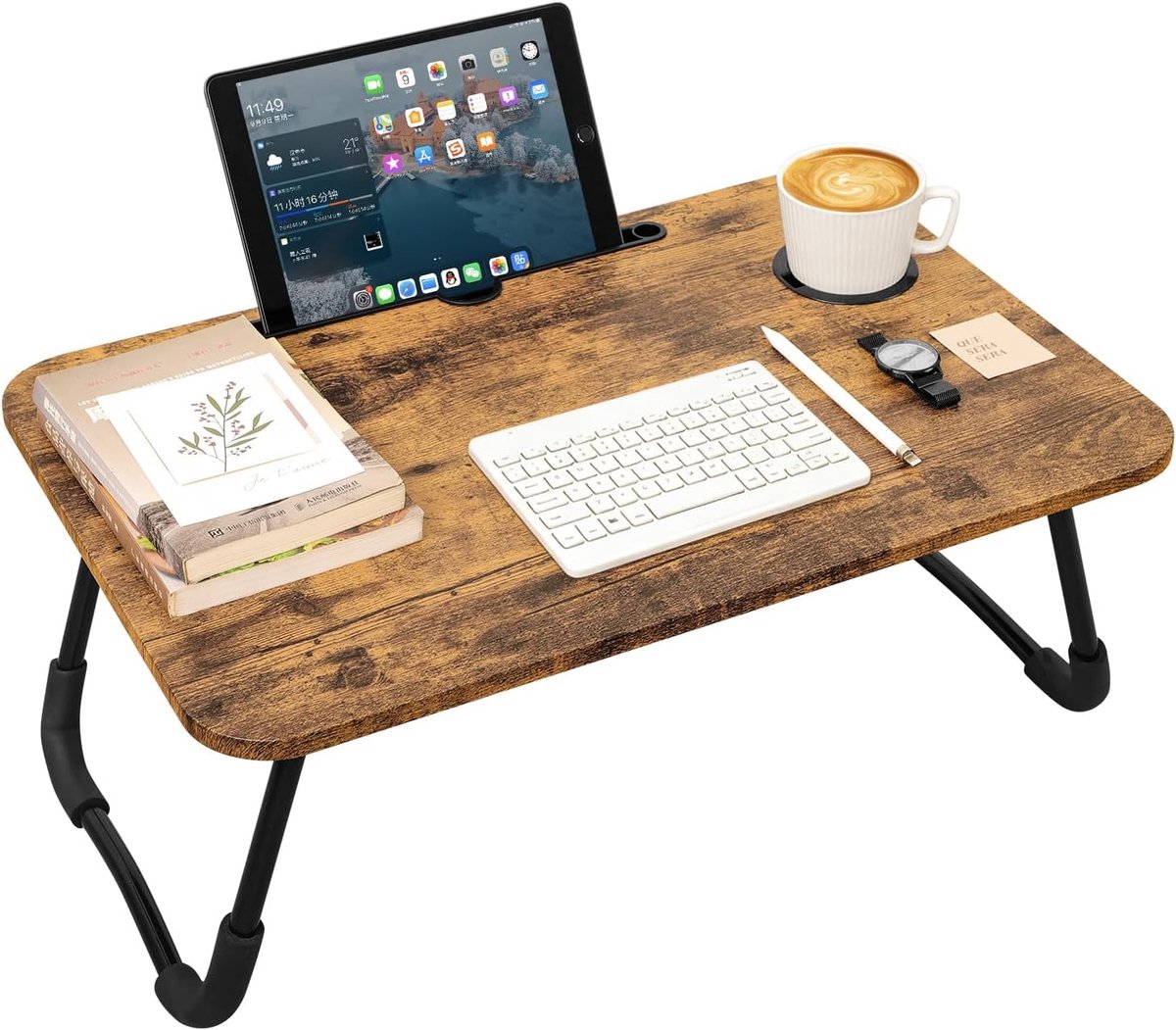 Desk Opvouwbare Laptop Tafel Draagbare Bed Tray Bureau met Houders voor Cup en Tablet Kleine Persoonlijke Ronde Tafels voor Sofa Bank Floor Reizen Strand Camping Donkerbruin