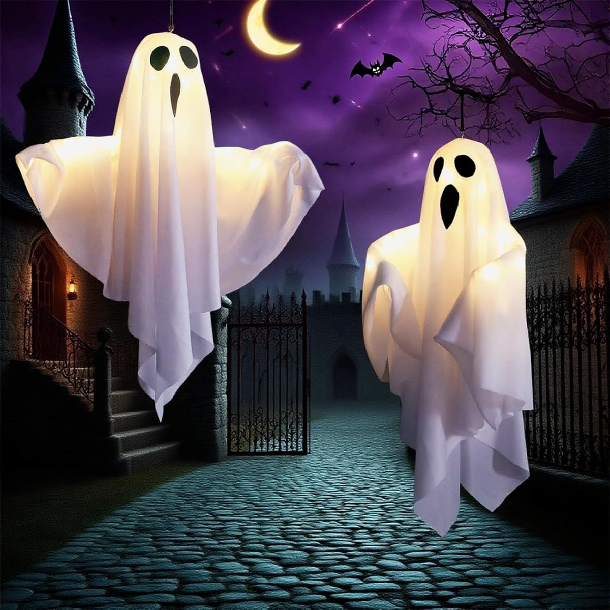 Hangende spookdecoratie met LED (geel)