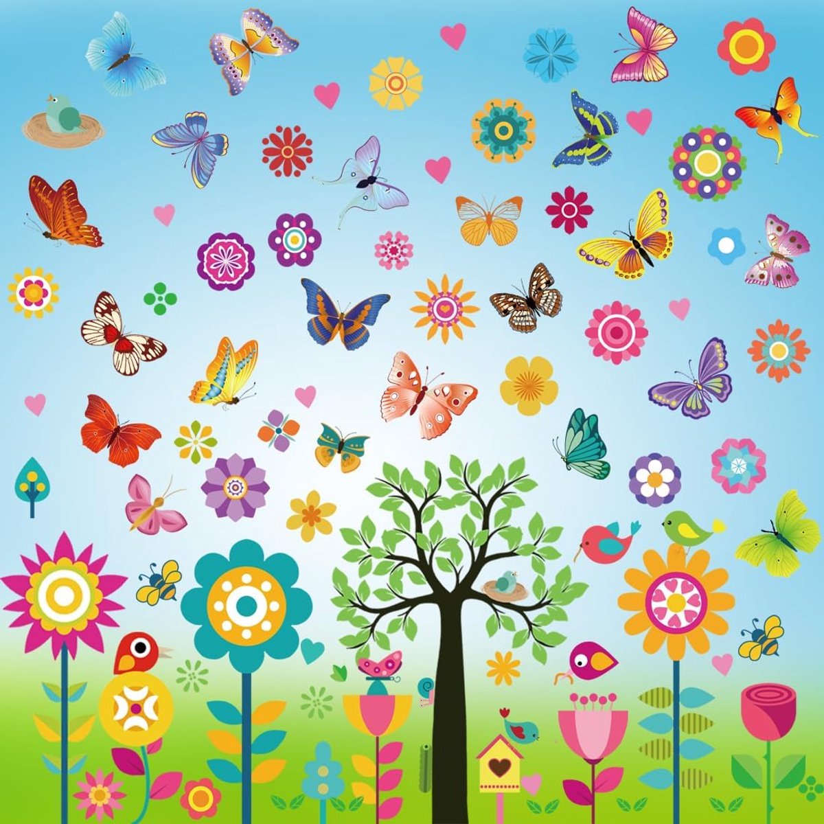 Raamstickers, vinyl, zelfklevend, glas, vinyl, voor ramen, bloemen, vogels, anti-botsingsstickers, lentestickers, decoratie voor woondecoratie