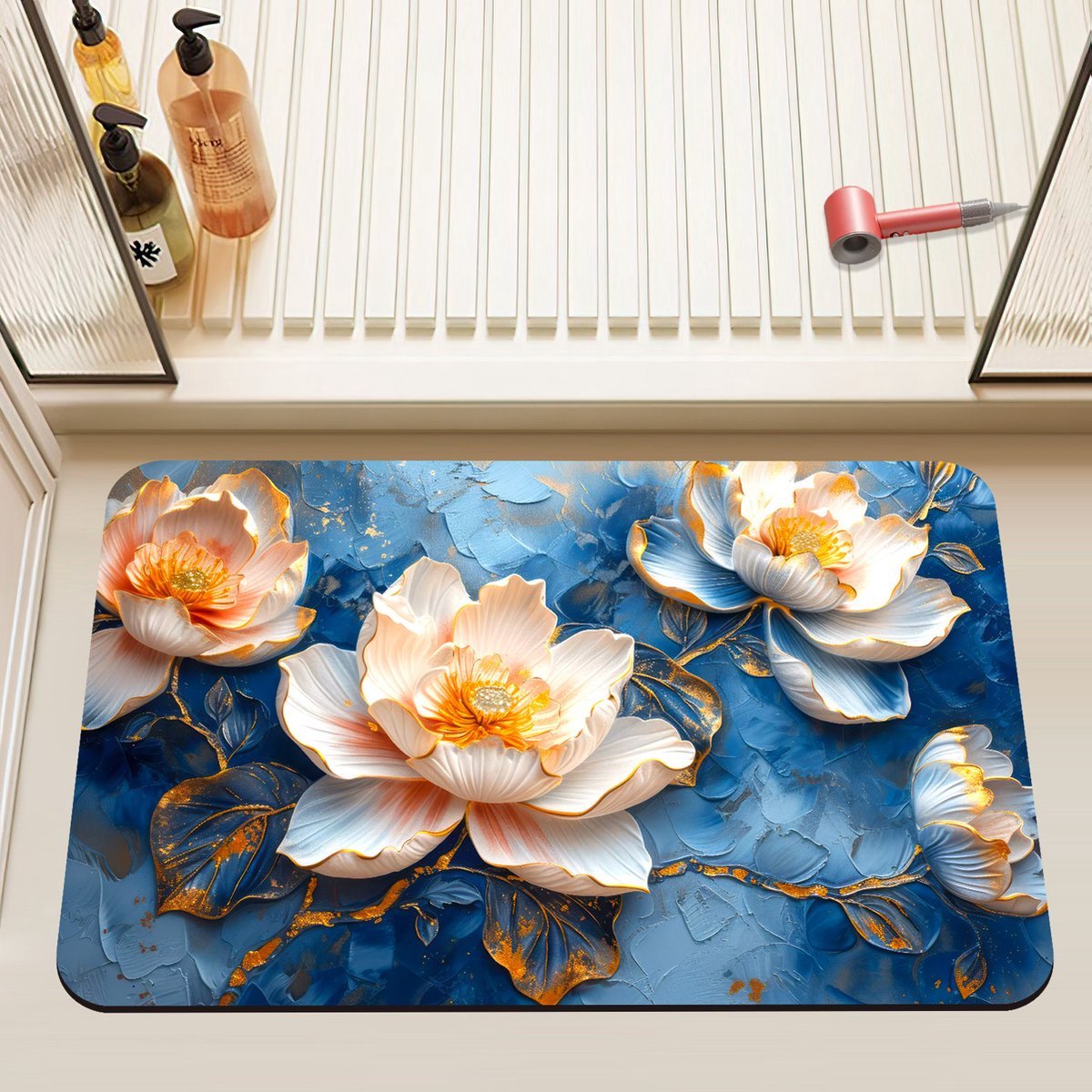 Antislip, absorberende badmat - 3D visuele bloemenmat - badmat van diatomeeënaarde microvezel - badmat - 50 x 80 cm - blauw