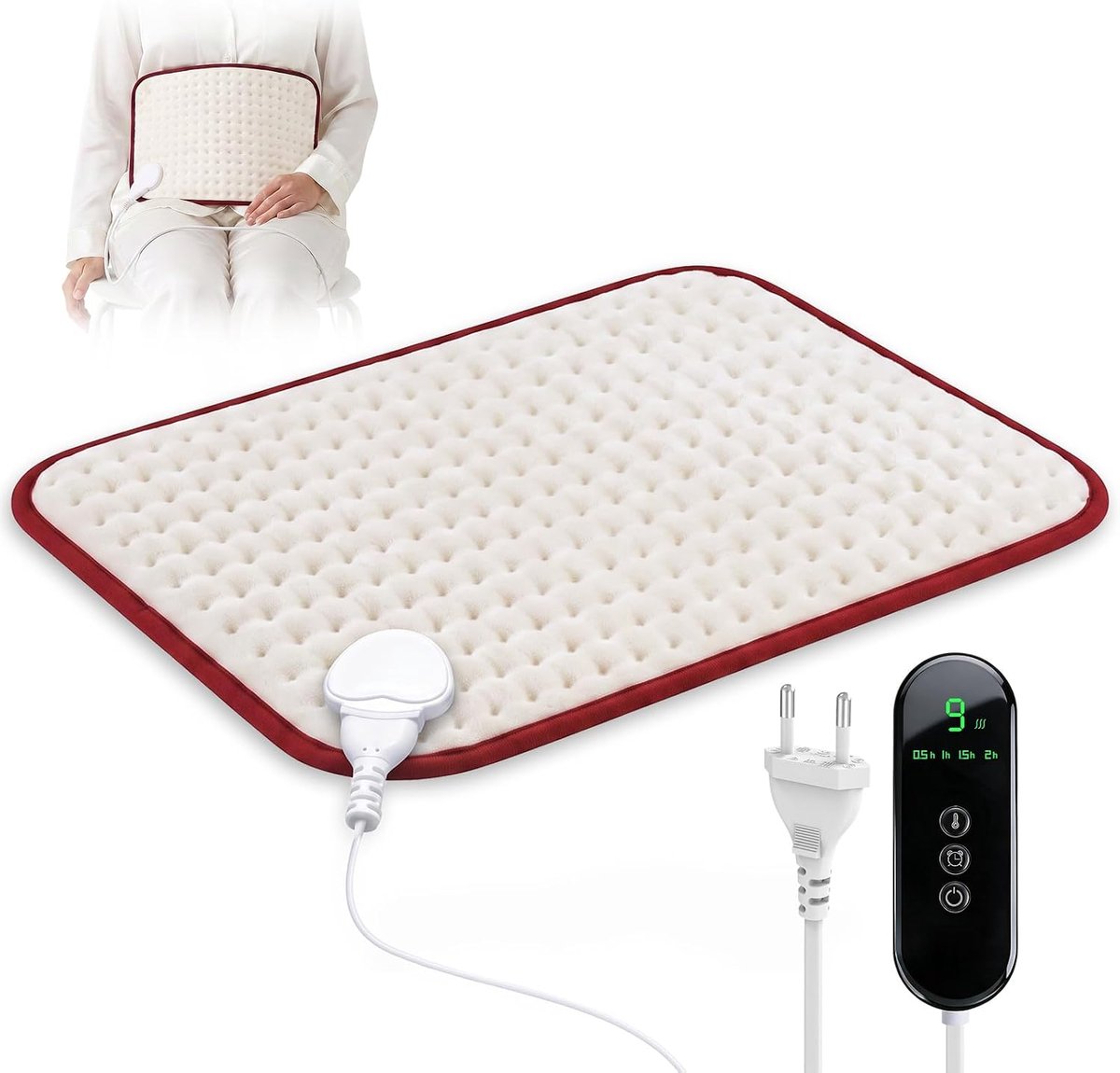 Verwarmingskussen Rugkussen 45x35 cm, 9 standen 30-65 ℃, Crèmewit/Rood