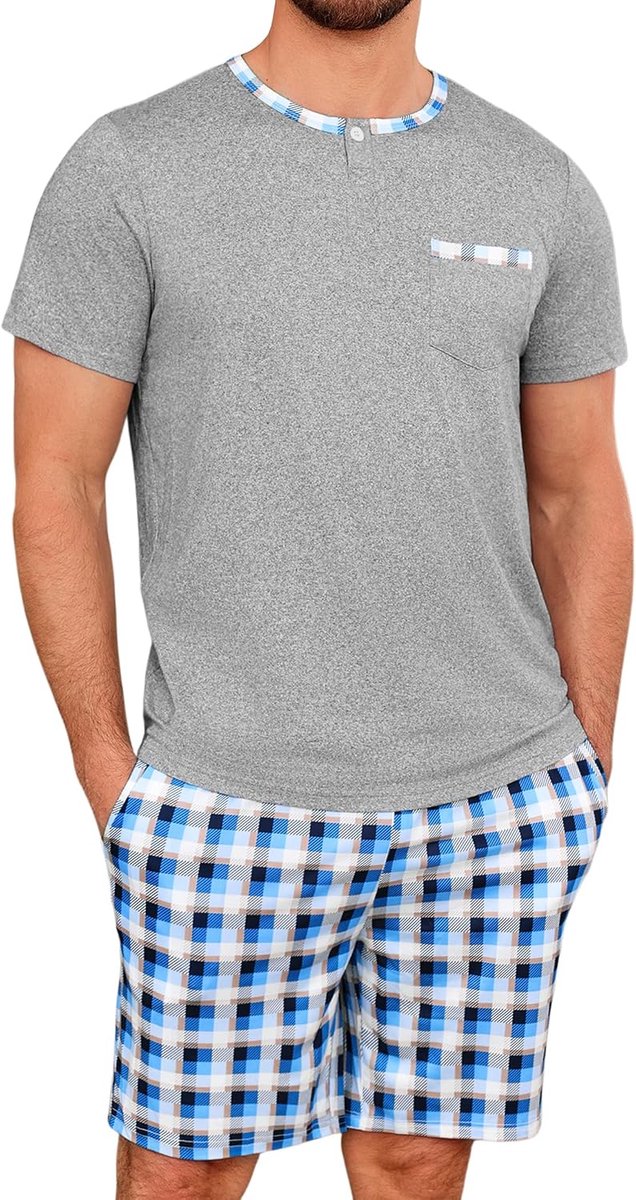 Zomerpyjama voor heren, van katoen, licht, tweedelig, korte mouwen, knopen en geruite shorts, comfortabel en casual voor thuis