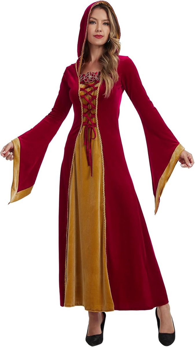 Renaissance-kostuum voor dames, met capuchon, Victoriaanse fluwelen jurk, cosplay, feest, Halloween-kostuums voor dames