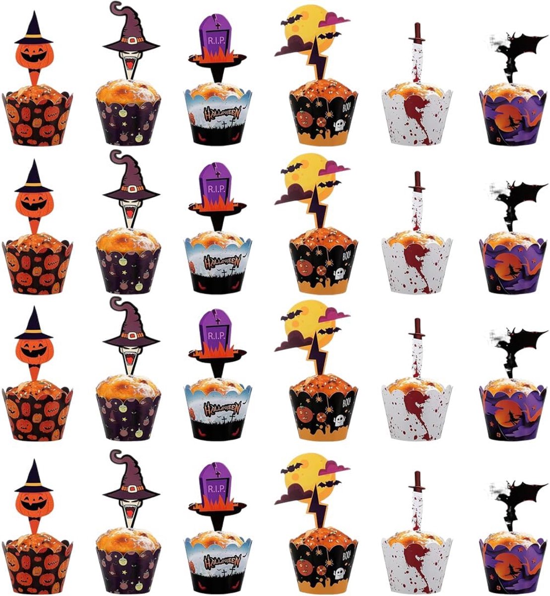48-delige Halloween-cupcake-decoratieset met pompoen en vleermuisopzetstukken