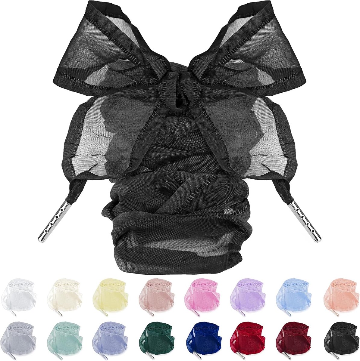 4cm Brede Organza Veters met Ruches Platte Transparante Lintveters voor Sneakers en Mode Trainers (Black, 54"/140cm)