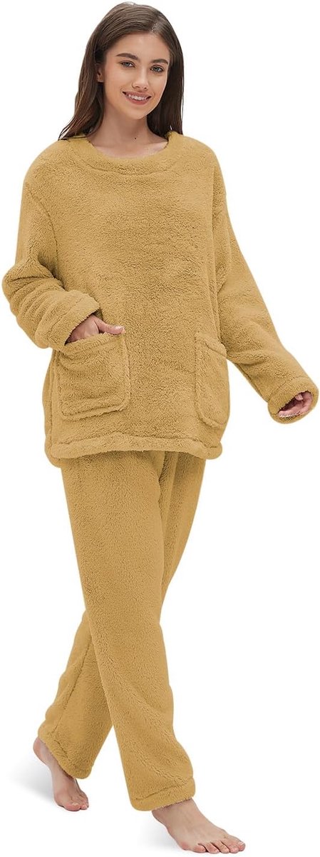 Koraalfleece Pyjamaset Voor Dames - Nachtkleding, Huiskleding, Bovendeel Met Lange Mouwen en Warme Broek, Pyjama Met Zakken, Maat S-2XL