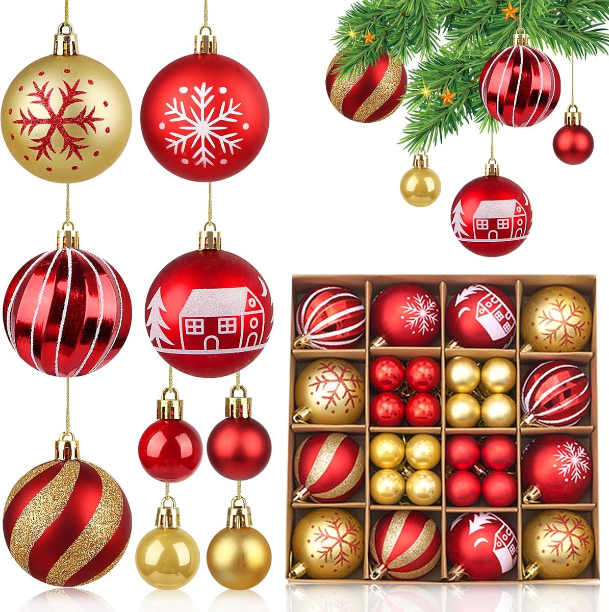 Kerstballen, nostalgische boomversiering, voor buiten, kerstdecoratie, kunststof, onbreekbaar, kerstboomversiering met sleutelkoord (rood goud)