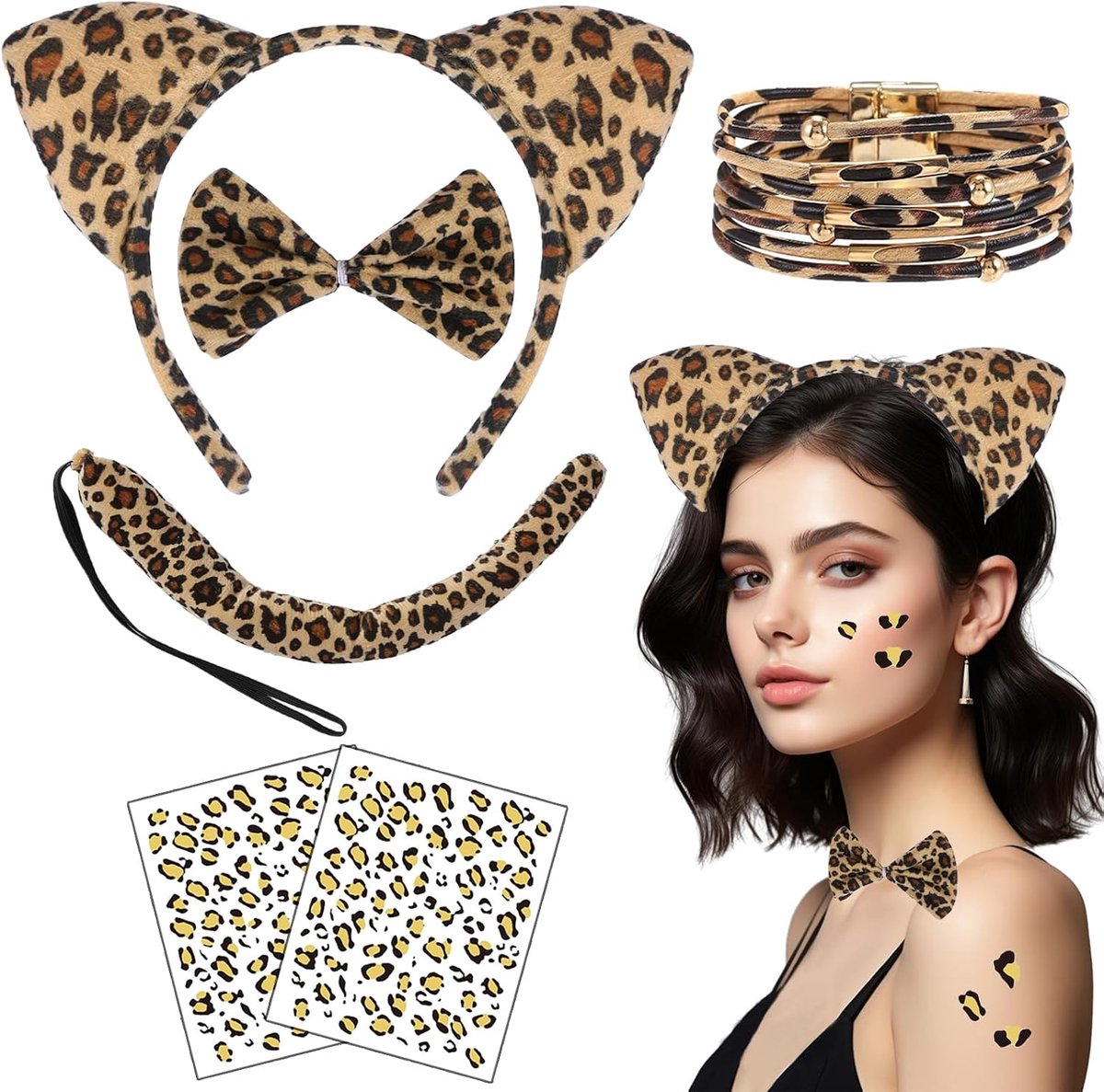 6-delig luipaardkostuum voor dames, luipaardoren, haarband, gezichtstattoo, dierenkostuum, damesaccessoires voor carnaval, Halloween, thema, cosplay