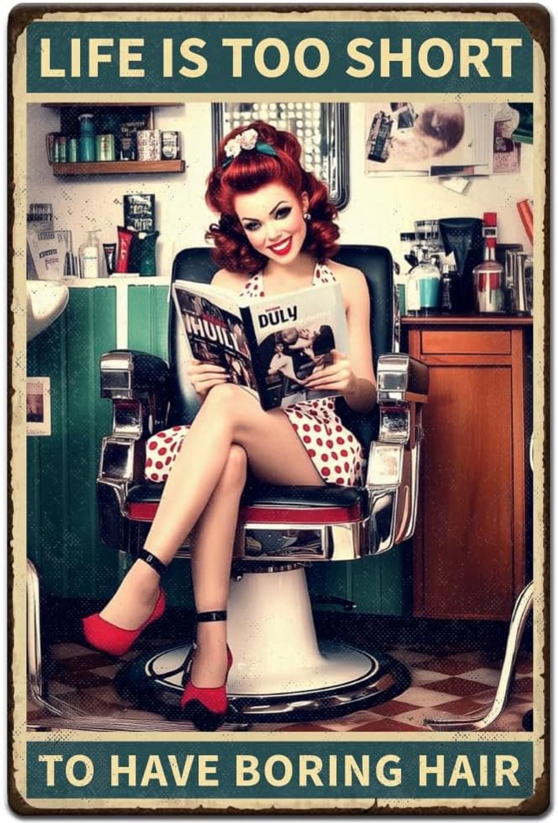 1 stuk vintage metalen tinnen borden, 30 x 20 cm, salon, haarstylist, borden, leven is te kort om saai haar te hebben, poster voor kapper, kapper, huismuur, decoratie, bar, pub, diner,