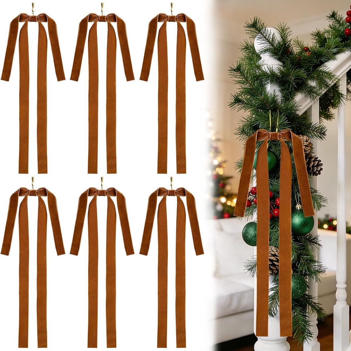 Strikken, 6 stuks fluwelen kerststrikken, 60 x 40 cm, grote strikken voor kerstboom, decoratie voor kerstbomen, kerstdecoraties voor veranda, trappen, ramen (bruin)