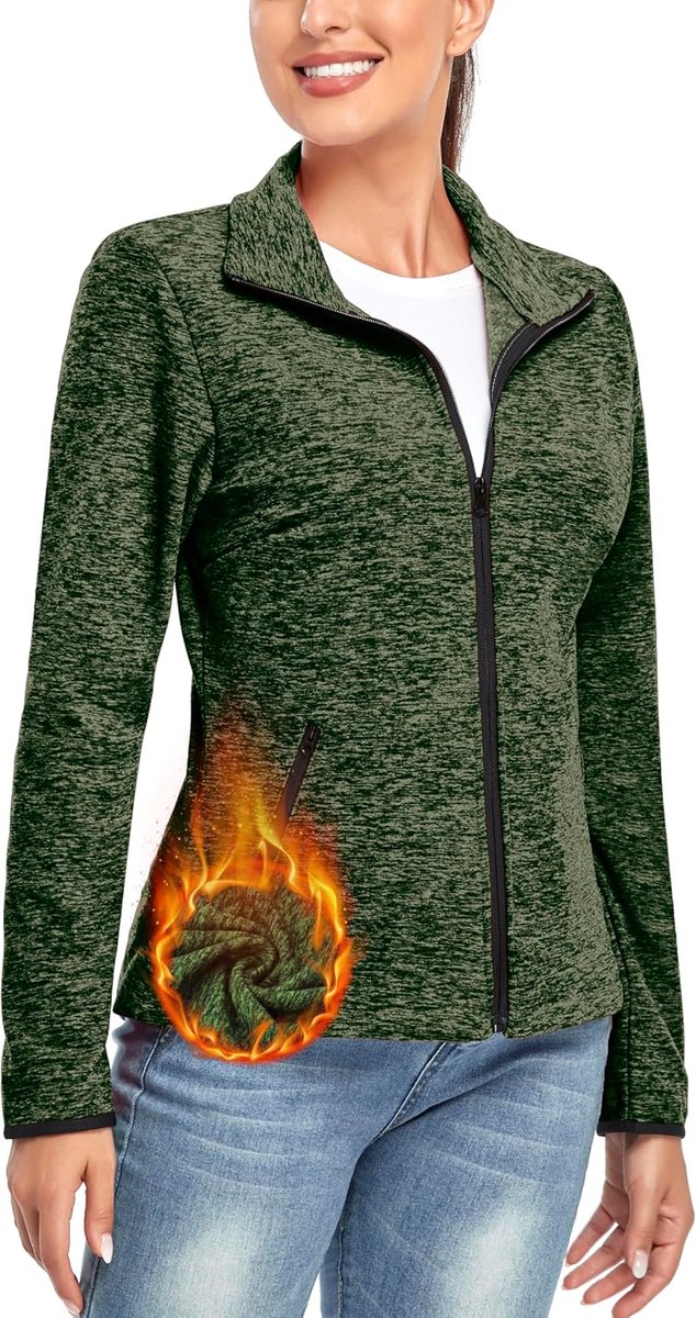 Fleecejack voor dames, met doorlopende ritssluiting, lange mouwen, licht, volledige ritssluiting, sweatjack, warm, winter, voor wandelen, outdoor, hardlopen, skiën