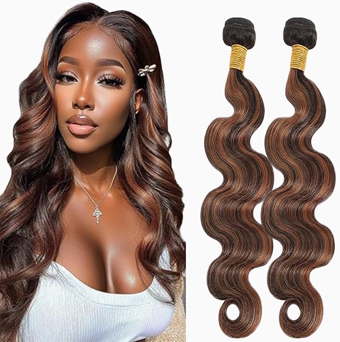 Wave Human Hair Bundles Sew in Hair P430 Highlight Brown Real Hair Extensions 2 Bundles Unprocessed Minimal Smell for Woman 18 18 Inch
