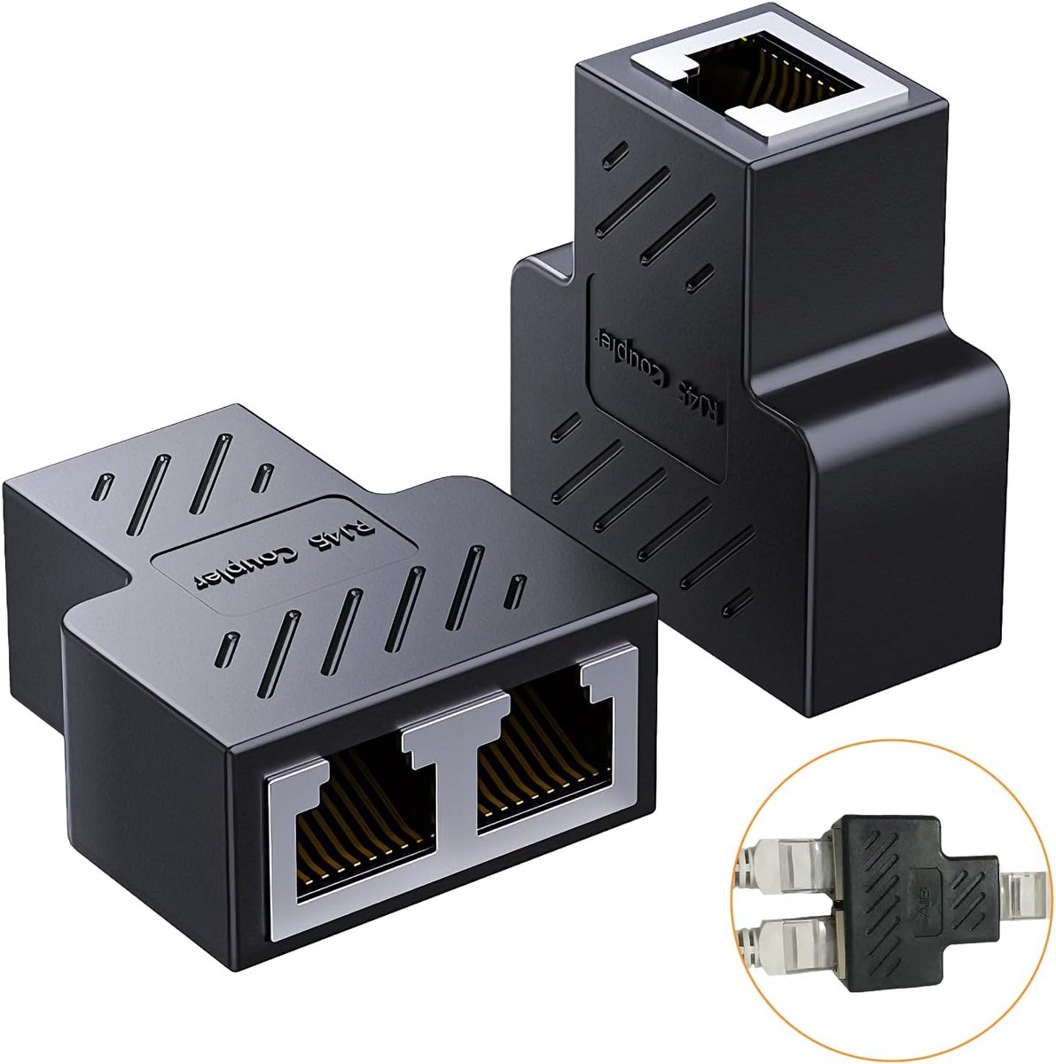 2 stuks LAN-splitter, 1 op 2 gelijktijdige adapters, RJ45-koppeling, 1 op 2 gelijktijdige adapters, RJ45-splitter, LAN-verdeler, compatibel met Cat5, Cat5e, Cat6, Cat6e, Cat7, Cat8