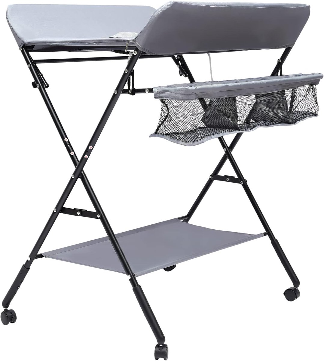 Draagbare inklapbare luiertafel, maximale belasting 25 kg, luiertafel met opbergmand, veiligheidsgordel en 4 wielen met rem, in hoogte verstelbaar, grijs