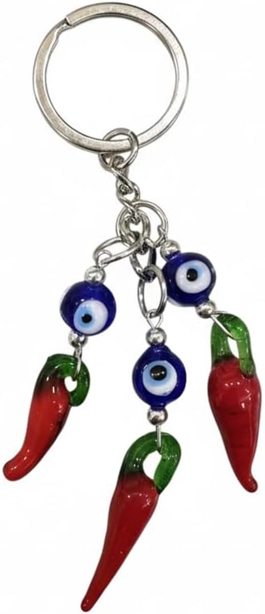 Sleutelhanger geluksbrenger handgemaakt met 3 rode hoorns en ogen van Allah (Nazar) van hars - cadeau-idee amulet