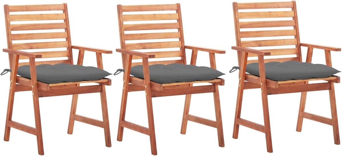 Eetkamerstoelen voor buiten, met kussens, houten tuinstoel, buitenstoel, hout, 3 stuks, massief hout van acaciahout