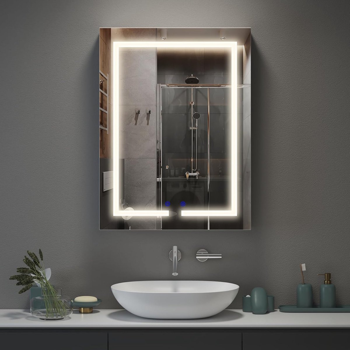600 x 800 mm met ledverlichting, touch-bediening, 3 kleuren dimbare verlichte spiegel, ontluchtingspad en scheercontactdoos