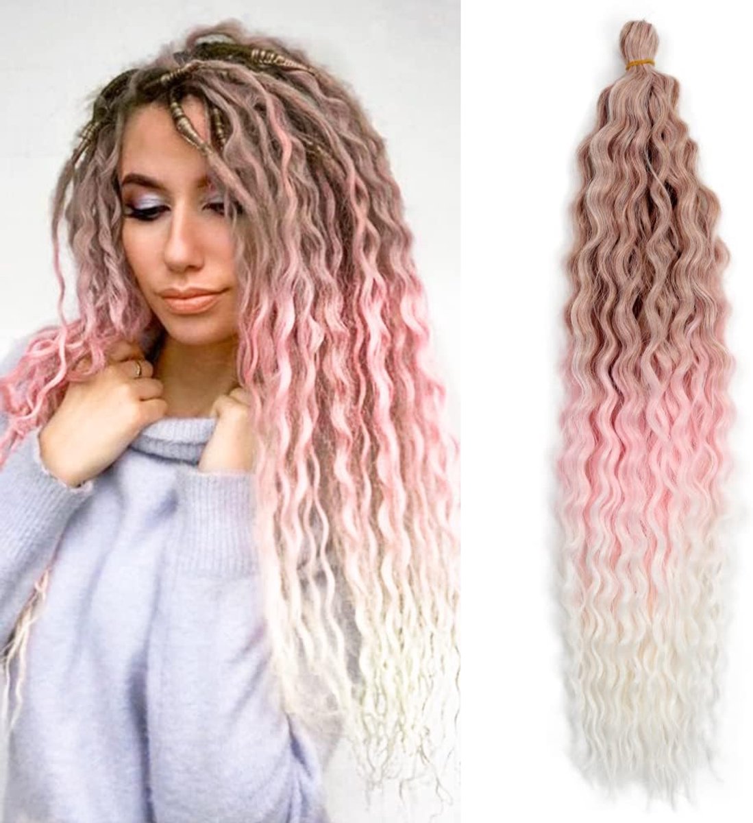 22 Inch 3 Packs Deep Twist Crochet Hair Ocean Wave Curly Bohemian Crochet Braids Diepe Golf Haarbundels Synthetische Haarextensies voor Vrouwen Meisjes