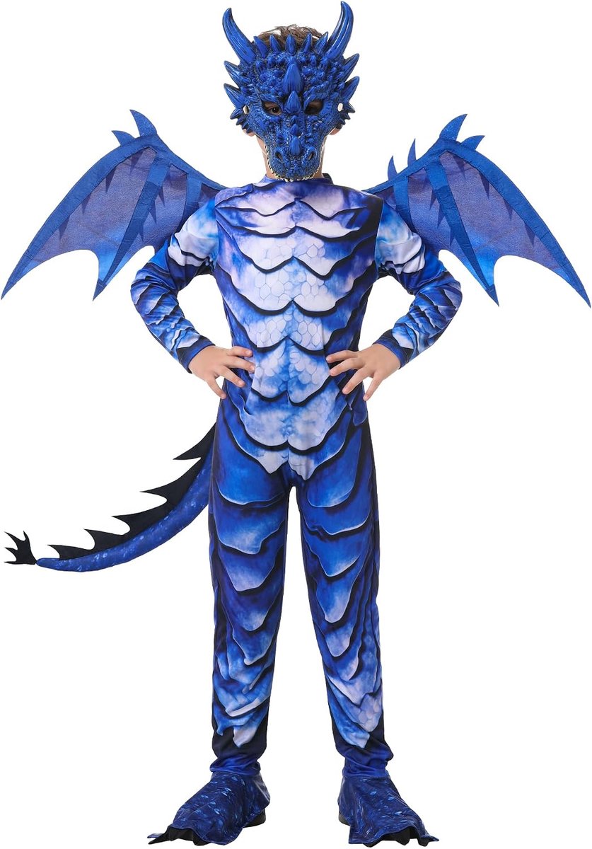 Drakenkostuum voor kinderen, drakenkostuum voor kinderen, drakenkostuum met vleugels, staart en masker voor jongens en meisjes, Halloween, carnaval, blauwe draak, kostuum voor kinderen, 4, 5, 6, 7, 8