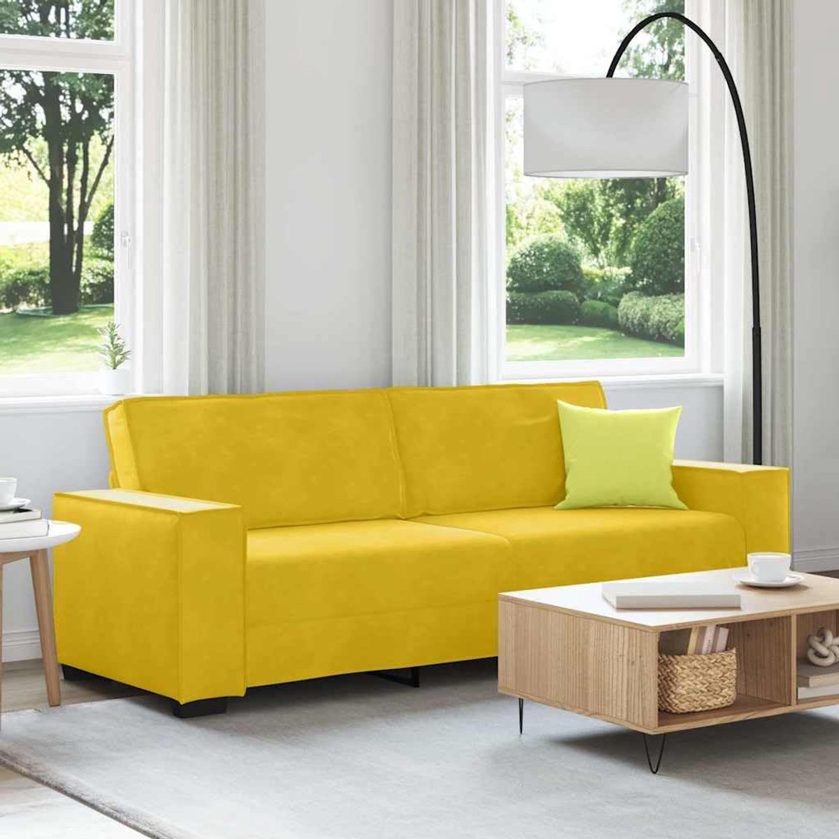 3-zitsbank, geel, 220 x 78 x 84 cm, fluwelen zitgroep, loungesofa met brede armleuningen en dik gevoerde zitvlakken, voor woonkamer en kantoor