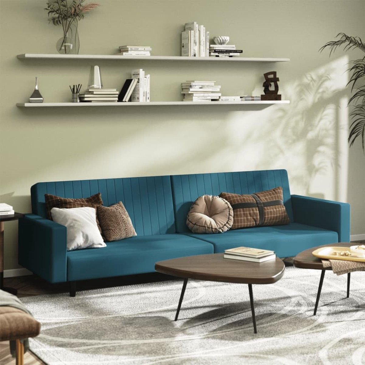 2-zits blauw fluweel bedbank logeerbed met 2-in-1 functie en robuuste houten lijst voor woonkamer en kantoor, zachte velours stof en stabiele uitvoering
