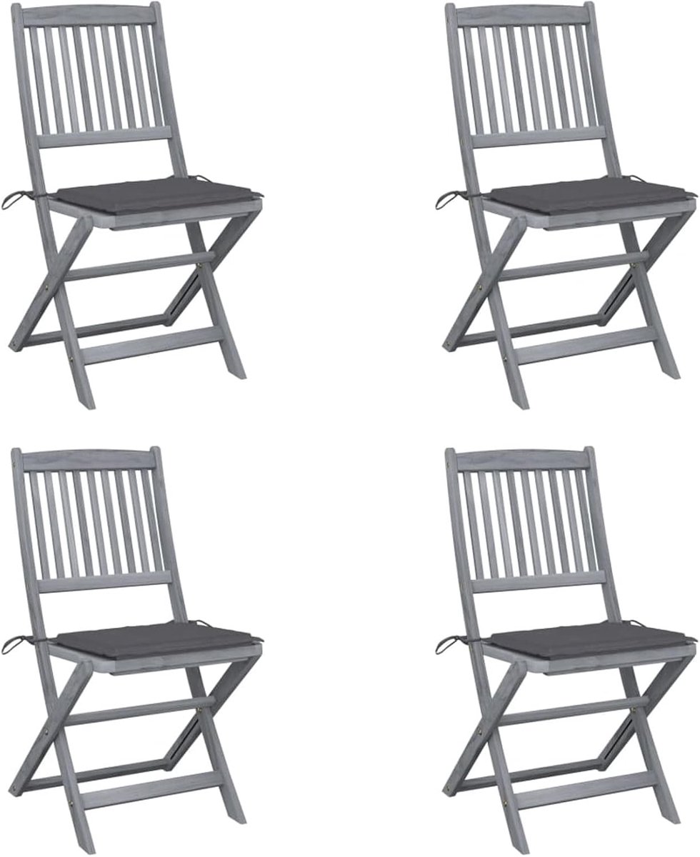 4 stoelen, tuinstoelen, buitenstoelen, inklapbaar, van acaciahout, grijs, met kussens 3 cm, 48,5 x 57 x 91 cm, klapstoelen voor buiten, inklapbare stoelen van hout, eetkamerstoelen voor de