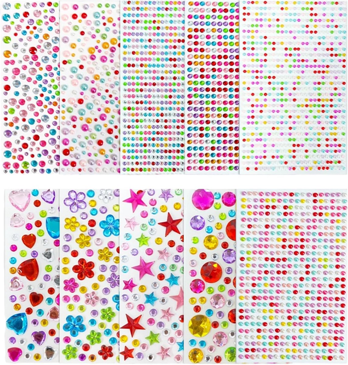 3514 stuks glitterstenen, zelfklevend, 10 vellen kleurrijke strassteentjes, siersteenstickers om te knutselen, verschillende voor gezicht, lichaam, nagels en handwerk, fotolijsten, wenskaarten