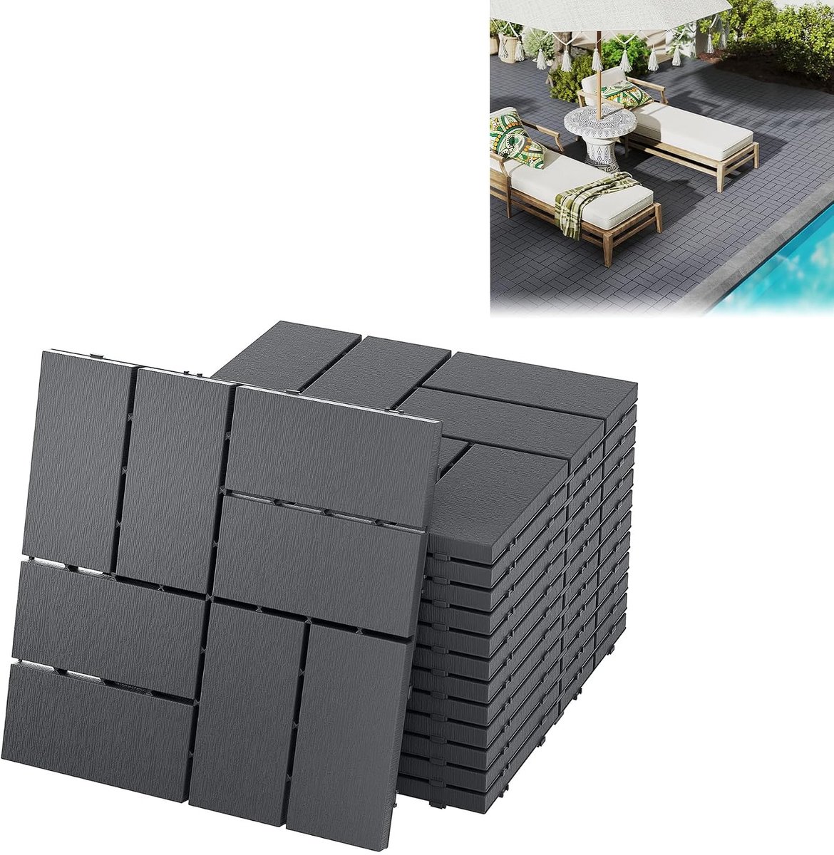 Balkontegels, 30 x 30 cm, terrastegels met houtnerf-uiterlijk, weerbestendig, met drainagefunctie, kliktegels, terras, weerbestendige platen voor balkon, antraciet, type B, 44 stuks, 4 m²