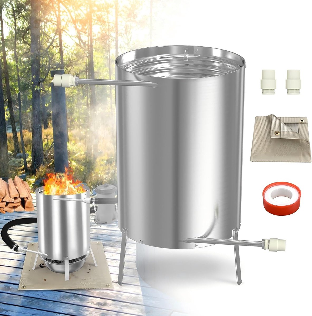 Zwembadverwarming, vuurton met verwarmingsspiraal, Ø 32 / Ø 38 mm, 2-in-1 aansluiting, met brandbeschermingsmat en restas, opvangbak, brandhout, verwarming, zilver, 2