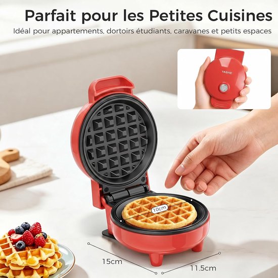 YASHE mini-wafelijzer - 10 cm - 550 W - antiaanbak - rood van YASHE® — afbeelding 3
