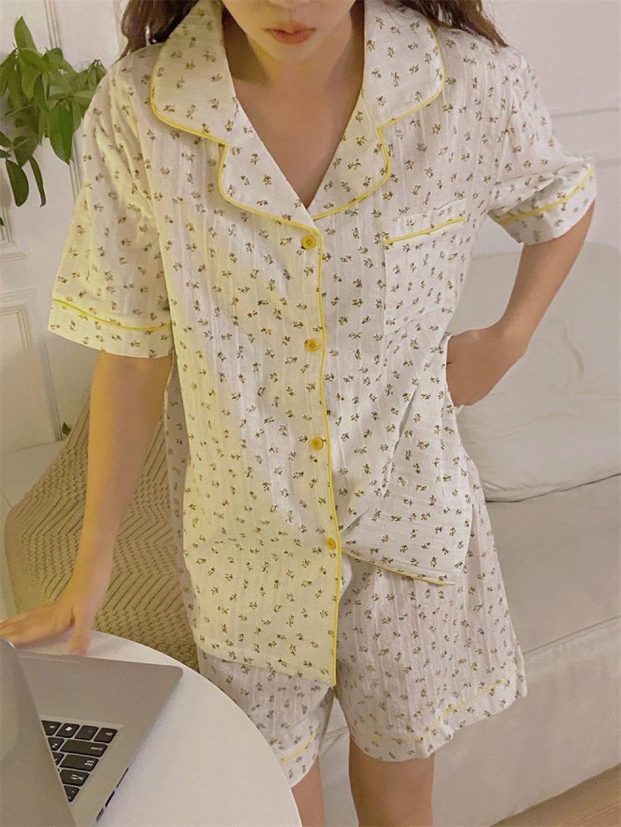 Pyjama Set Met V-Hals Homewear - Zomer Zomer Kleine Frisse Bloemenprint Comfortabel Lovely Sleepwear,Minimalistische Vrijetijdskleding Met Korte Mouwen,Tender Populair Ademend Sleepshirt Sister