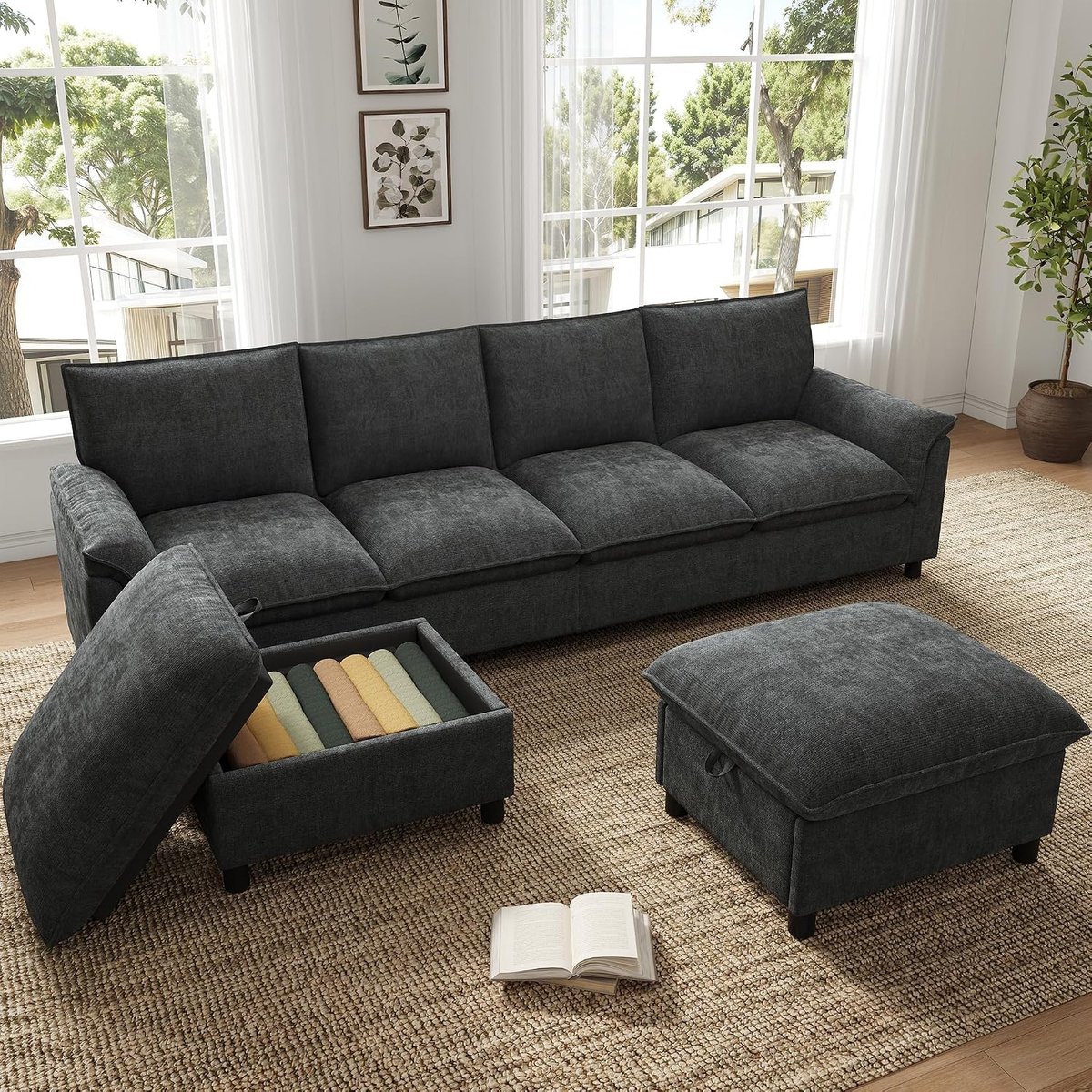 Cloud Sofa met opbergruimte, modulaire hoekbank van chenille zwart (zwart, 6-zits)