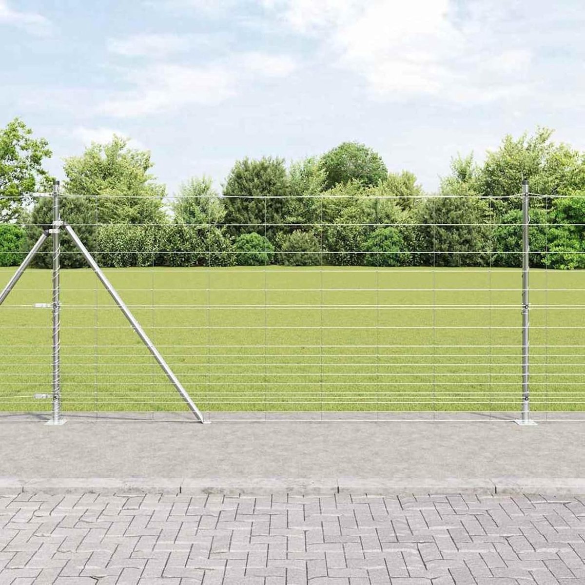 Veldhek 1,2 x 50 m verzinkt staal, hekpalen met funderingsplaten, 13 stuks, Ø 32 mm, 68,5 cm, net voor kleine dieren, tuinhek, kippenhek, konijnenhok, wilde bescherming